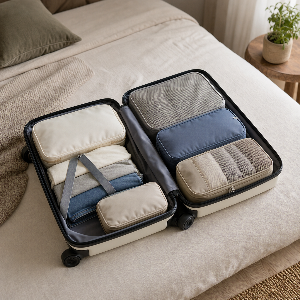 Packing cubes arranged for carry-on travel