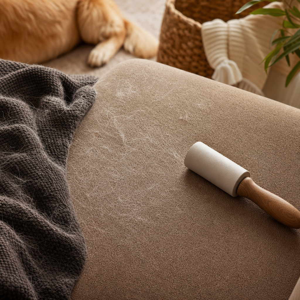 Reusable pet hair roller on a sofa